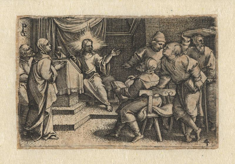 Grabado de Georg Pencz que representa a Cristo enseñando a los eruditos en el templo.