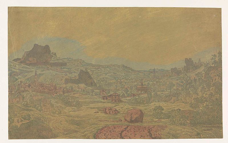 Grabado de Hercules Segers que representa un valle con un río y un pueblo con cuatro torres.