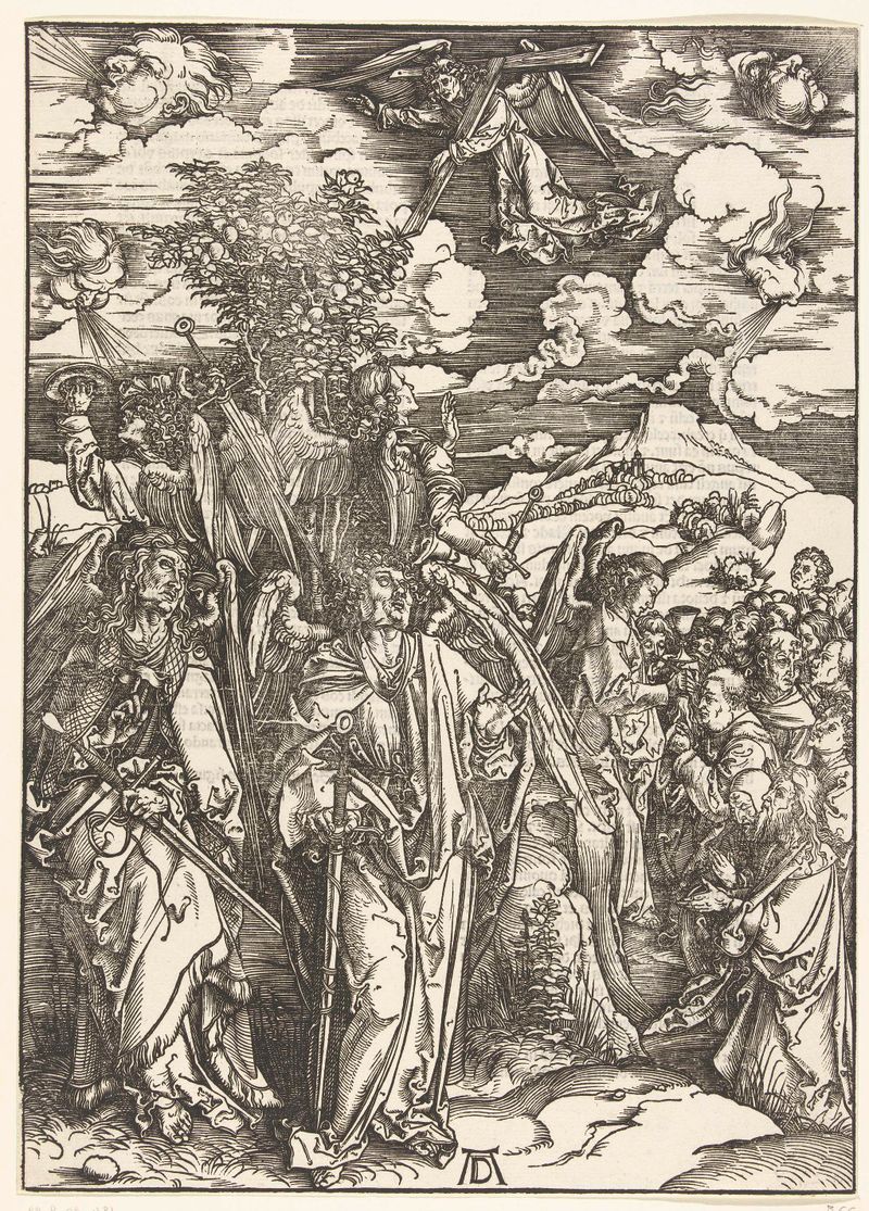Engraving by Albrecht Dürer depicting angels holding the winds