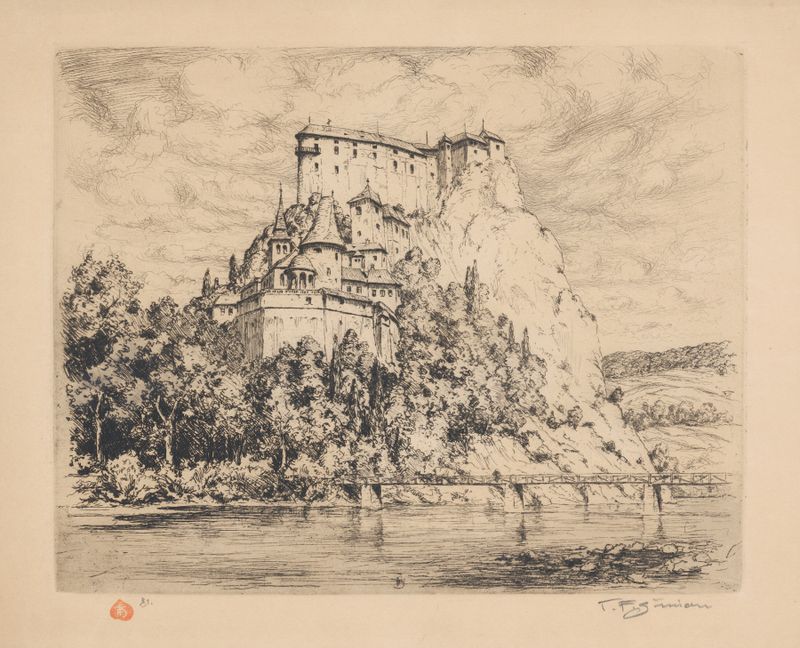 Oravský hrad de Tavík František Šimon, pintura al óleo que muestra una fortaleza contra un cielo turbulento