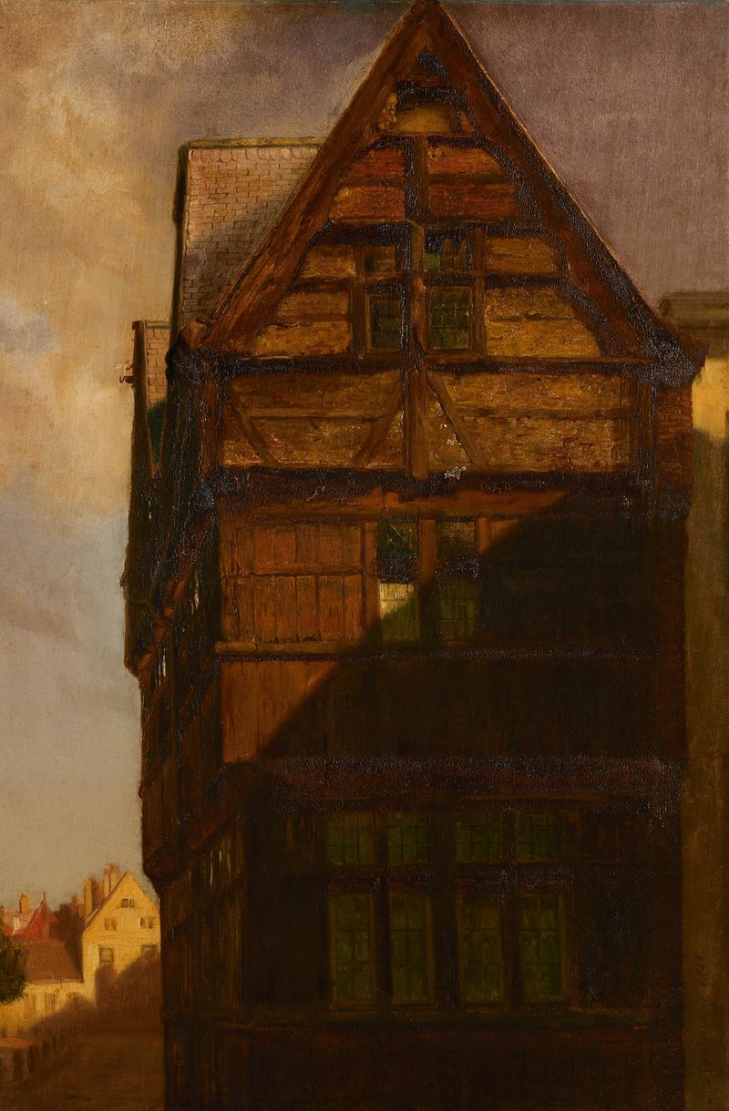 Houten gevel Groenplaatsstraat de Jozef Dyckmans, óleo sobre lienzo que representa una fachada de madera con luz solar.