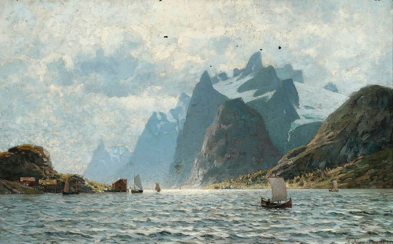 Fishing vessels on a Norwegian fjord at dusk, oil painting by Adelsteen Normann