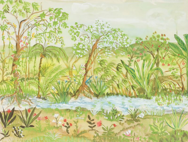 Exotiskt landskap de Nils Dardel, expresionismo, que representa un paisaje vibrante con colores ricos.