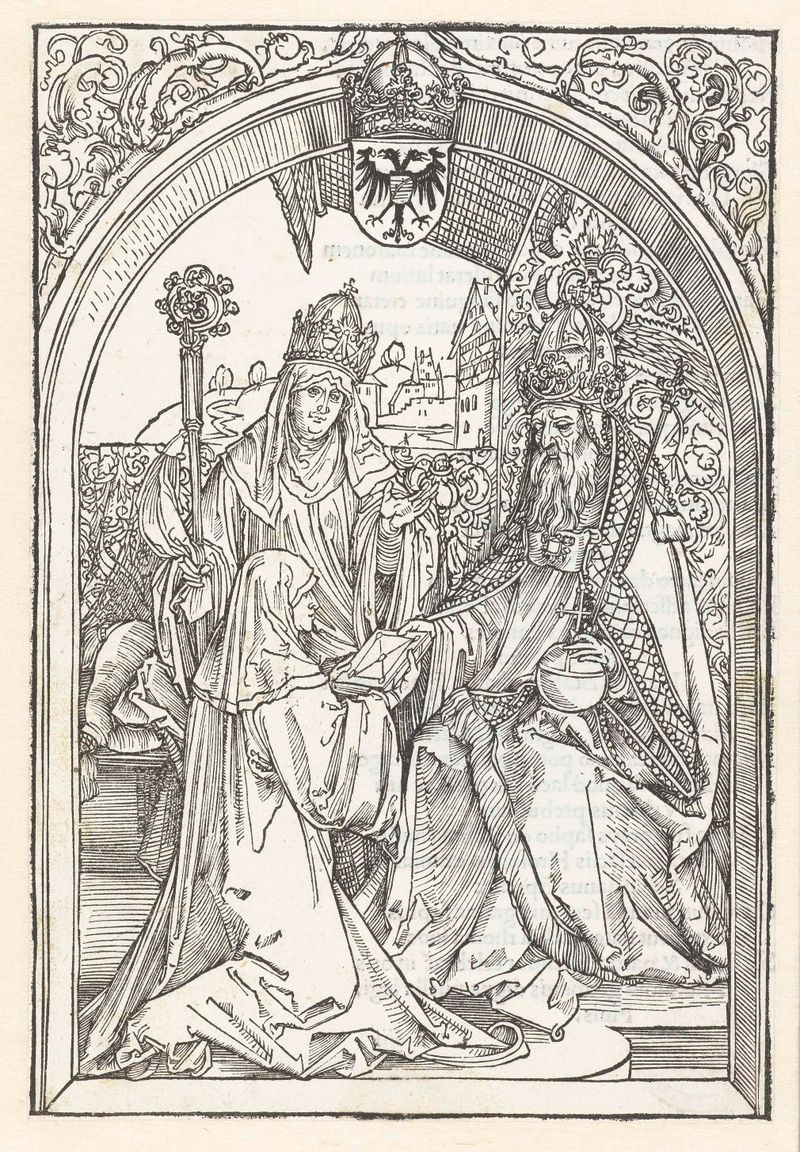 Grabado de Albrecht Dürer que muestra a Roswitha presentando su libro al emperador Otto I