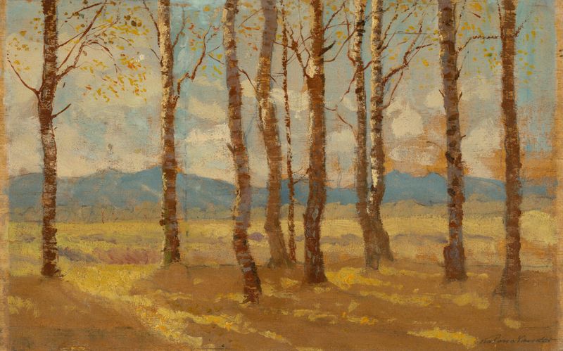 Birches in Autumn, oil on canvas by Ferdinand Katona, depicting birch trees with golden light.