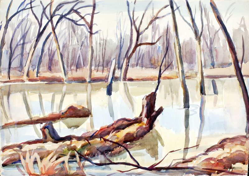 Rock Creek, Winter de Edgar Nye, óleo sobre tela que retrata uma paisagem de inverno com gelo e árvores nuas.