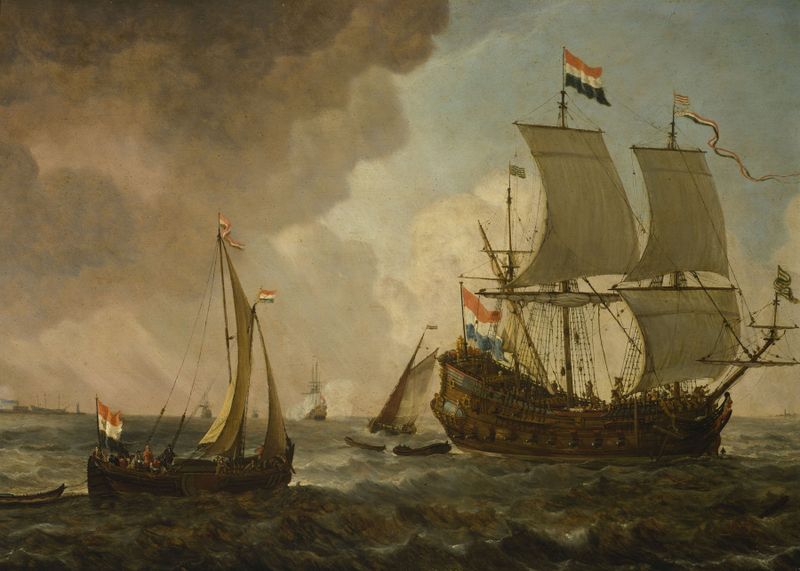 Marine scene with ships on the sea, oil painting by Lieve Pietersz. Verschuier