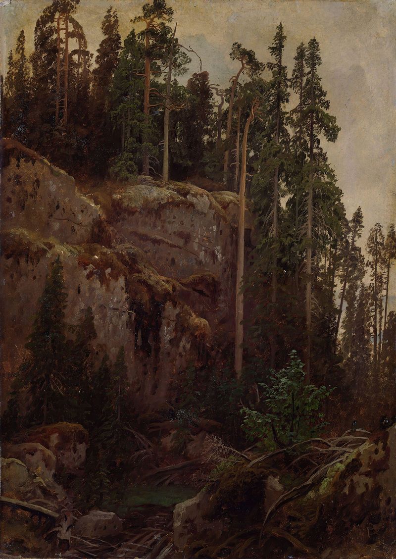 Landscape Study with a Precipice de August Cappelen, pintura a óleo que retrata penhascos e colinas.