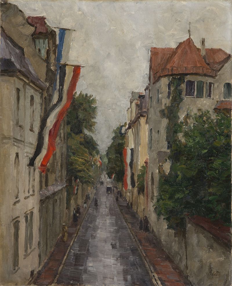 Die Kaulbachstraße in München, oil on canvas by Charles Vetter, depicting a cityscape with golden light.