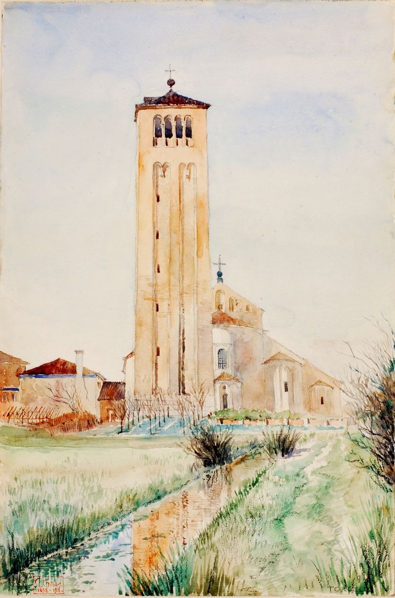 La Torre, Catedral de Torcello de Cass Gilbert, pintura al óleo que representa una arquitectura intrincada y paisaje.