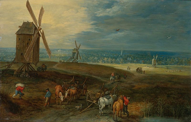 An Extensive Landscape With Travellers Before A Windmill, óleo sobre tela de Jan Brueghel the Younger