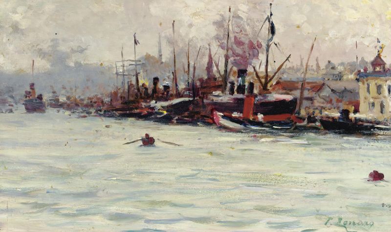 Port of Galata, oil on canvas by Fausto Zonaro depicting ships and harbor life.