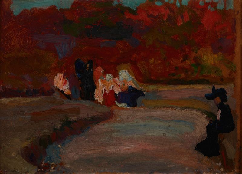 Óleo sobre lienzo de Jan Stanisławski que muestra un jardín vibrante con visitantes.