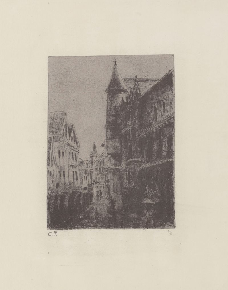 Rue Saint-Romain, à Rouen de Camille Pissarro, óleo de una calle tranquila con luz solar y adoquines.