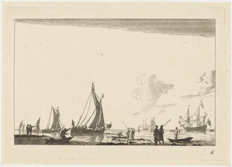 Binnenwater met verschillende zeilschepen, grabado de Unknown Artist, que representa veleros en agua tranquila