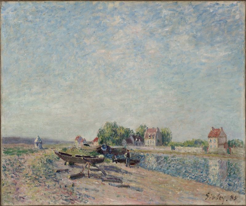 Saint-Mammès, Loing Canal by Alfred Sisley, oil on canvas depicting tranquil trees and water reflections