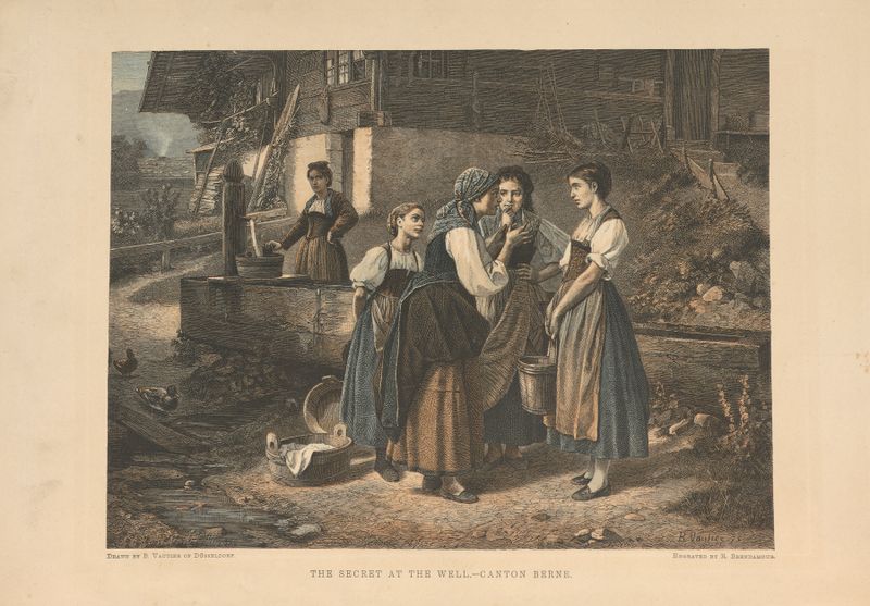 Pintura figurativa al óleo de Theodor Gsell Fels con una mujer junto a un pozo.