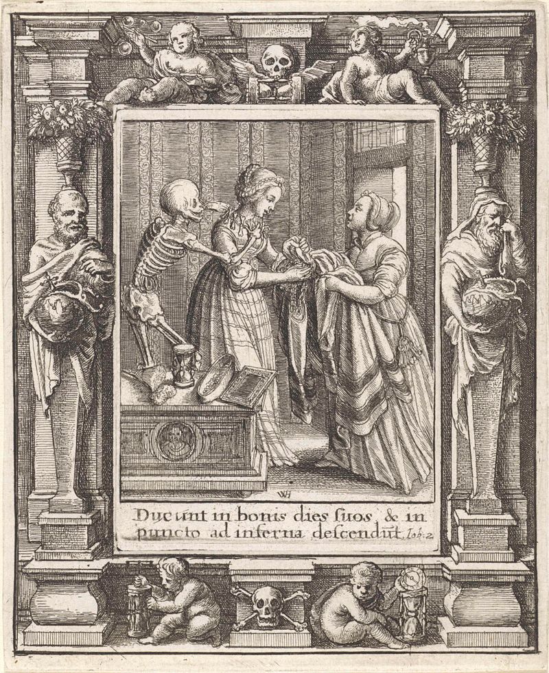 Grabado de Wenceslaus Hollar que representa a una novia y la muerte en una escena dramática