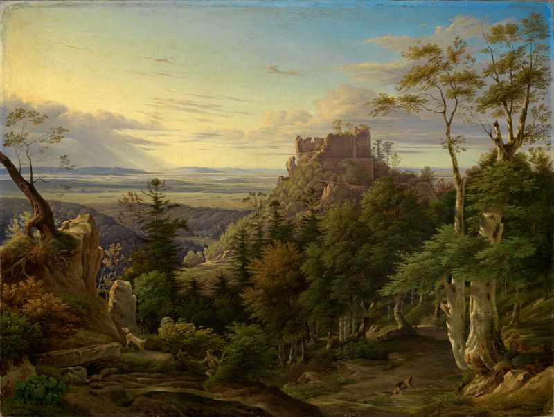 Landscape with a castle on a hillside by Carl Ludwig Frommel, oil painting