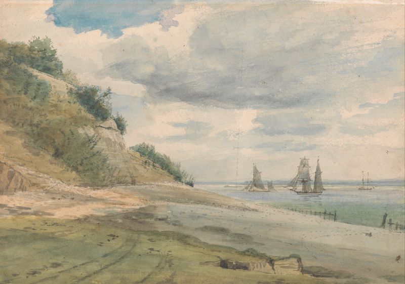 Landscape view featuring a grassy meadow and water by Lionel Constable, oil painting