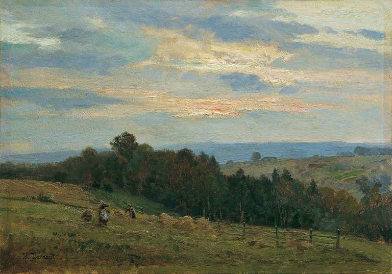 Zur Erntezeit de Hugo Darnaut, óleo sobre tela mostrando figuras em uma paisagem de colheita.