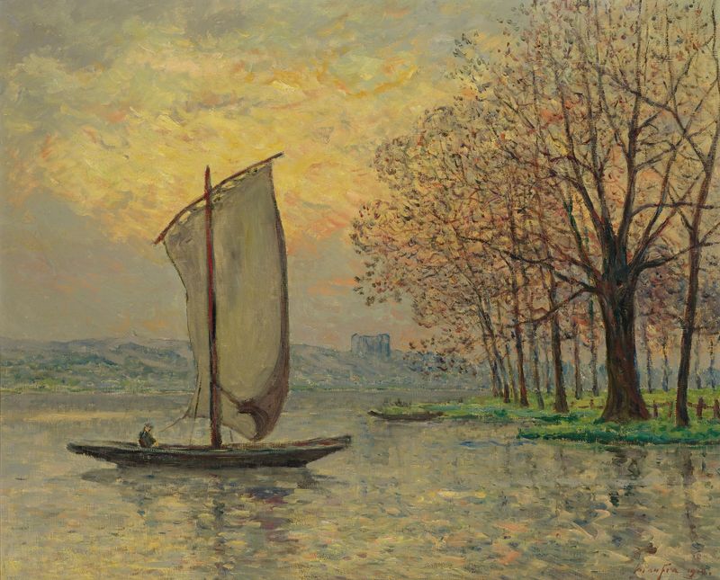 Les Bords De La Loire, óleo sobre lienzo de Maxime Maufra, que representa un paisaje fluvial tranquilo.
