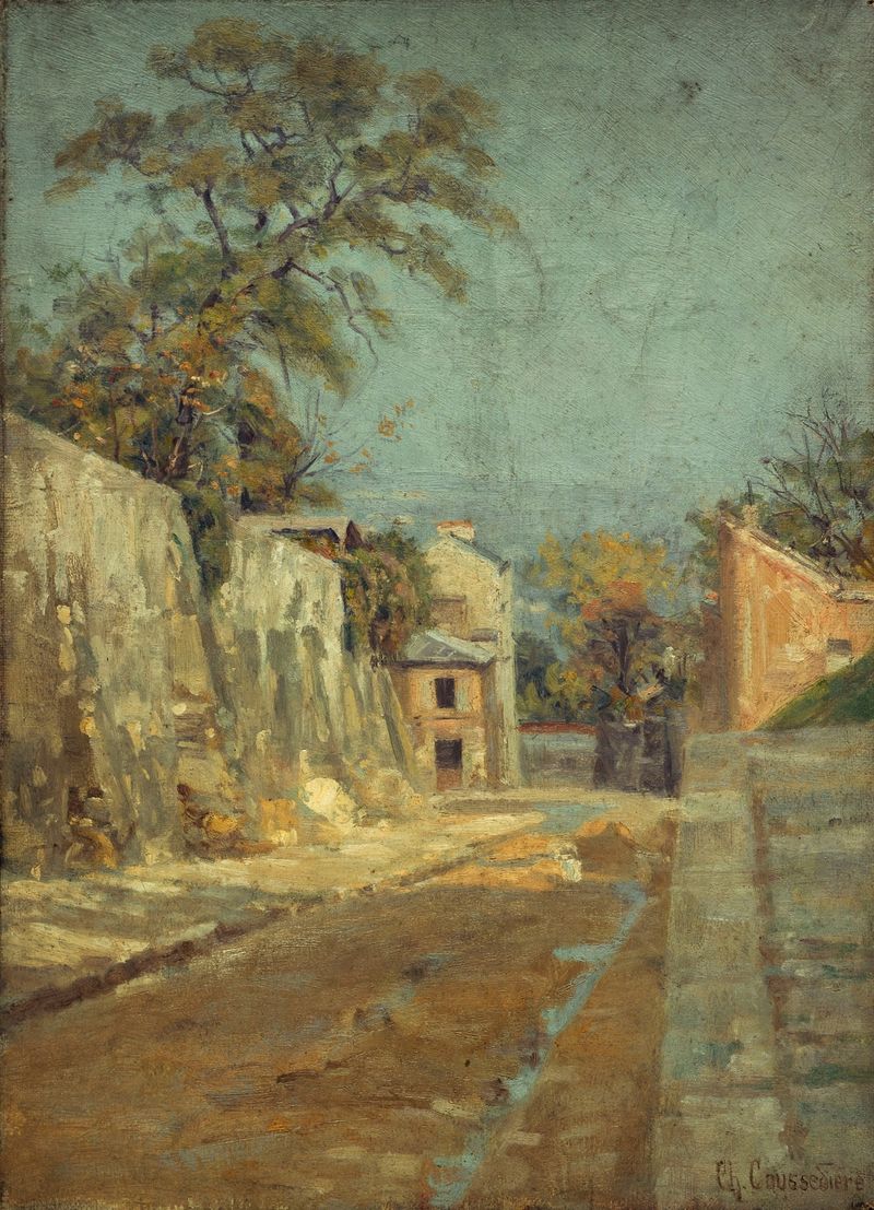 La Rue des Saules à Montmartre de Charles Jean Coussedière, pintura al óleo que representa una escena de calle al atardecer.