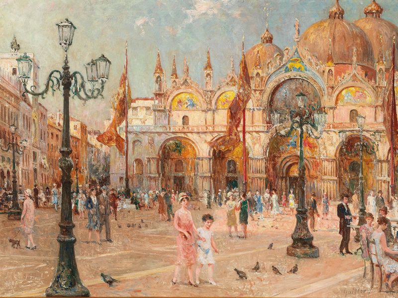 Escena de género de una animada Plaza de San Marcos en Venecia, pintura al óleo de Franz Guillery.