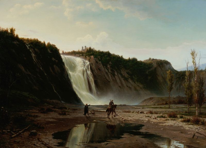 Cascada Del Montmorenci de Guido Carmignani, pintura al óleo que representa una cascada en un paisaje exuberante.