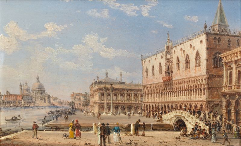 Oil painting by Giovanni Grubacs depicting Doge’s Palace and Ponte della Paglia