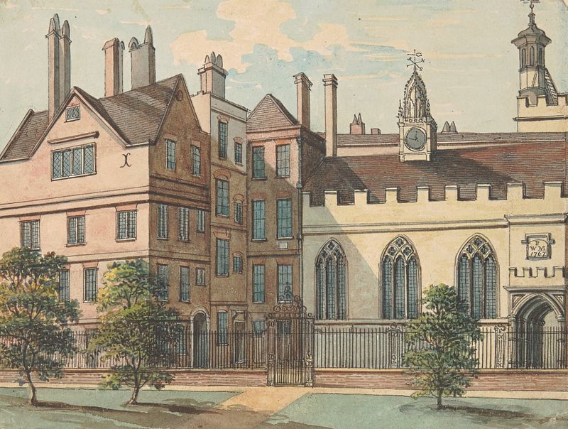 Clifford’s Inn de Samuel Ireland, óleo sobre tela que retrata um pátio com figuras e suave luz da manhã.