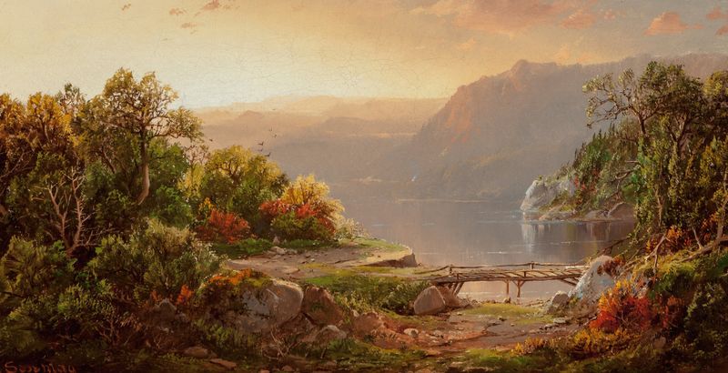 Evening on the Shenandoah, oil on canvas by William Louis Sonntag, depicting a tranquil twilight landscape.