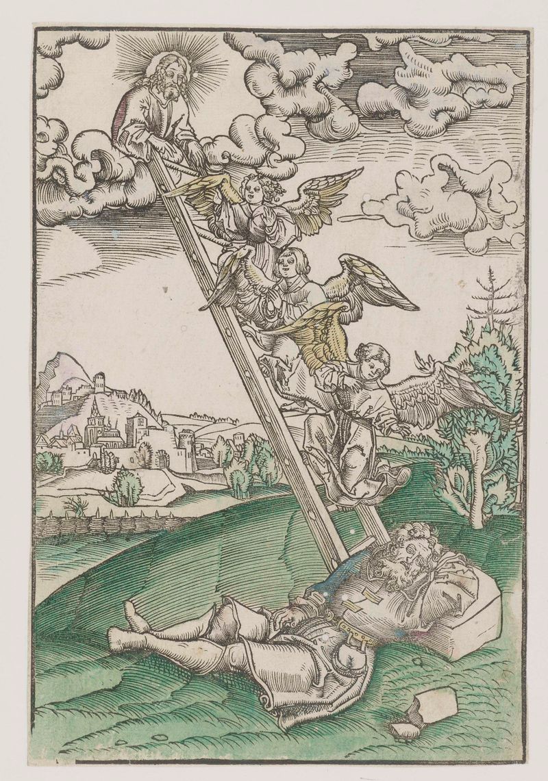 Droom van Jacob over een ladder, óleo sobre madeira de Lucas Cranach