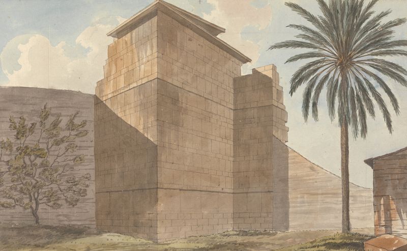 Corner of a stone building with palm tree, watercolor by Willey Reveley