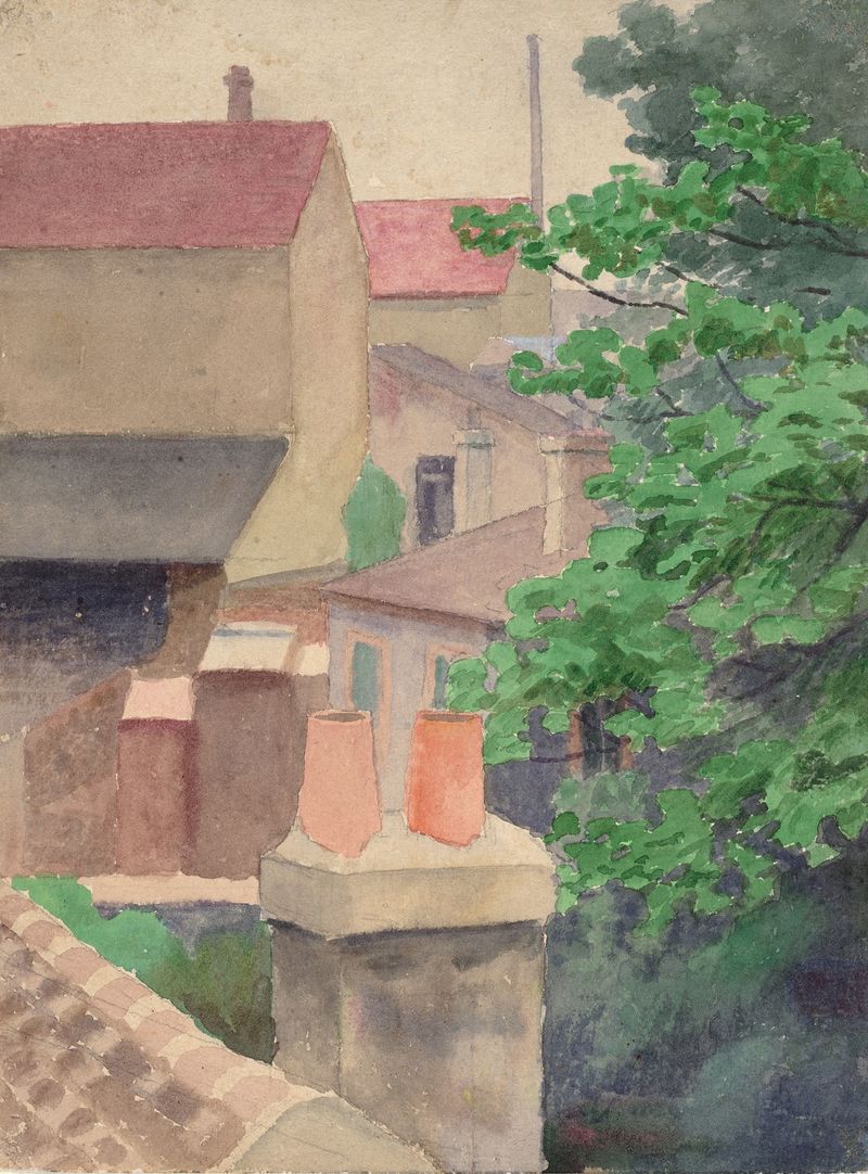 Rooftops, St. Cloud de Thomas Pollock Anshutz, pintura a óleo que retrata telhados serenos sob nuvens suaves.