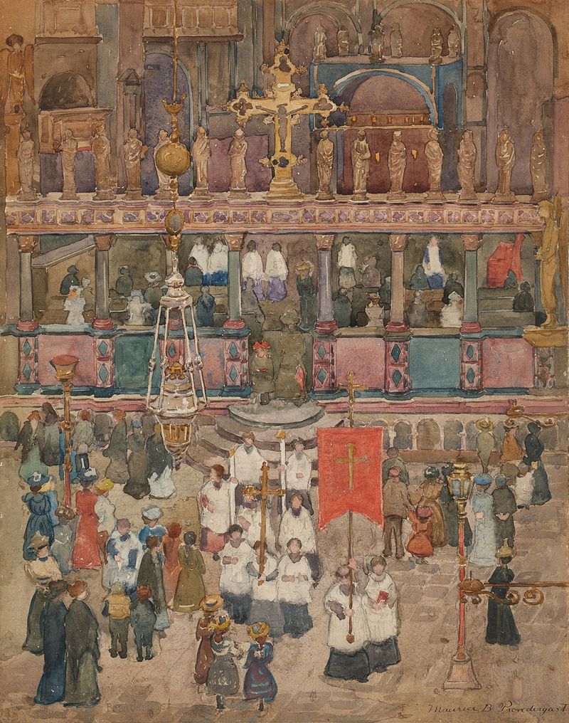 Easter Procession, a watercolor by Maurice Prendergast depicting a colorful crowd at St. Mark's Basilica.