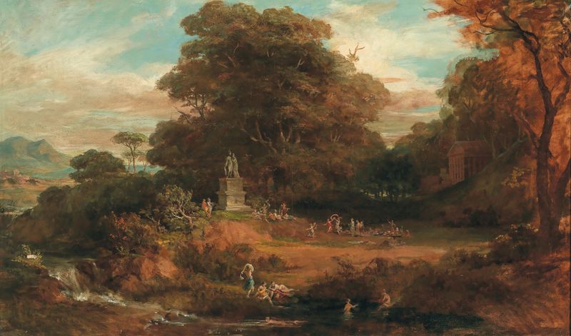 Oil on canvas by Friedrich von Amerling depicting a landscape with statues of Mars and Venus.