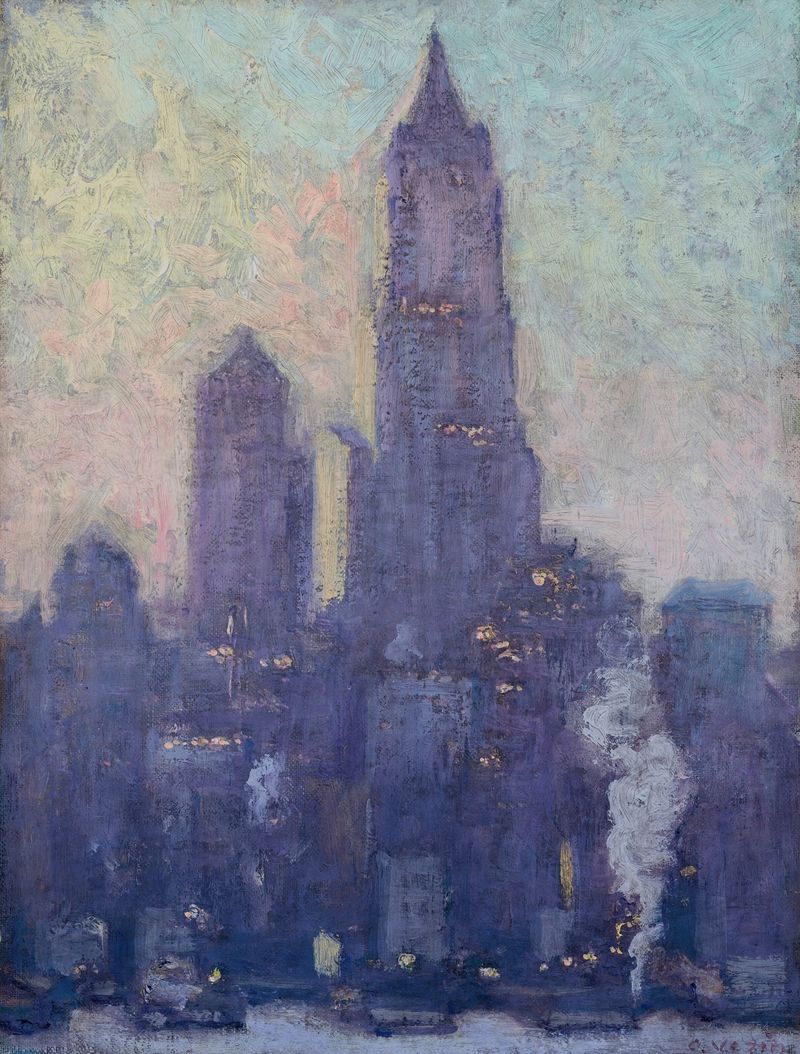 Pintura al óleo de Charles Vezin que muestra la luz del amanecer sobre el Woolworth Building