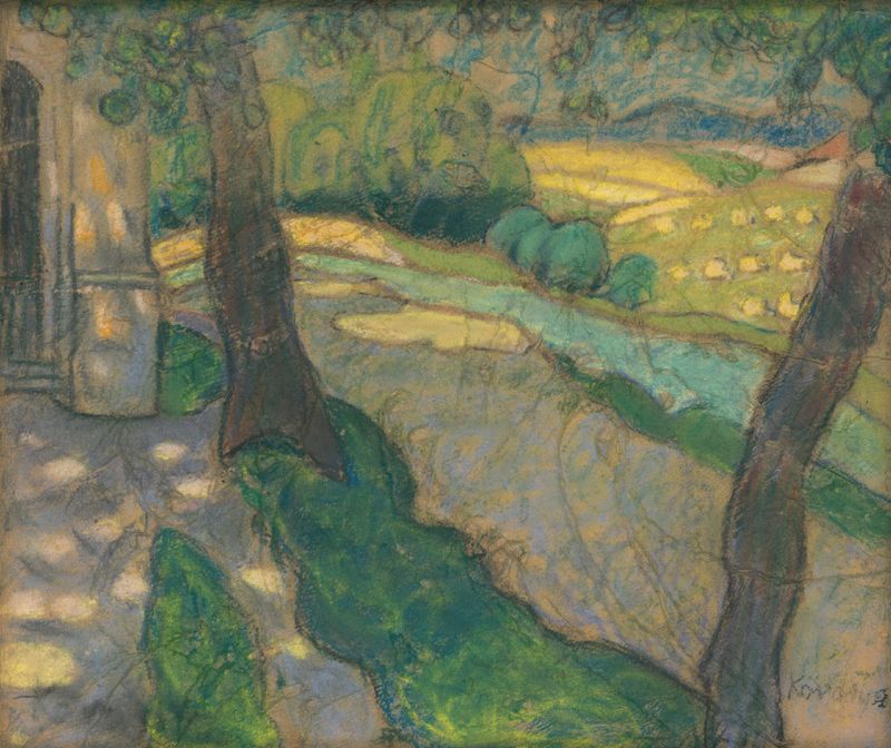 Paisaje con horizonte suave en óleo sobre lienzo de Konštantín Kövári-Kačmarik