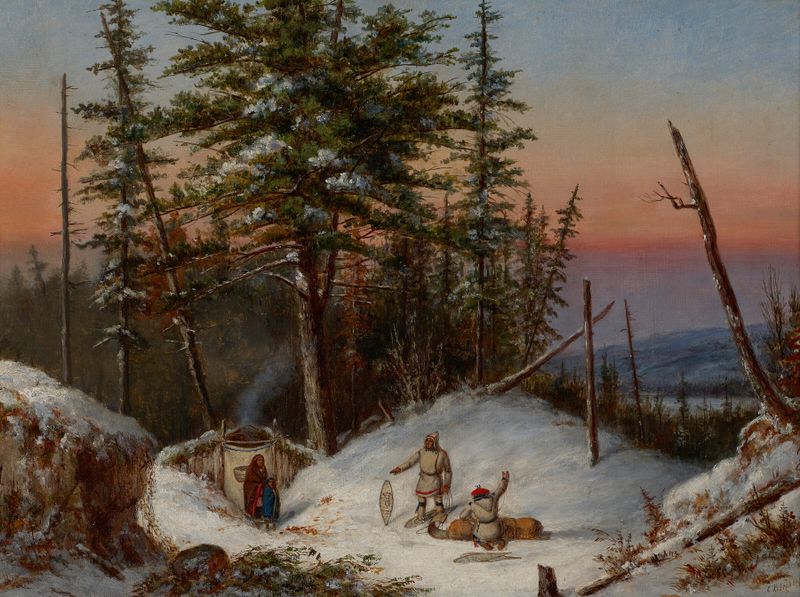 Escena de género que representa a tramperos en la naturaleza, óleo de Cornelius David Krieghoff