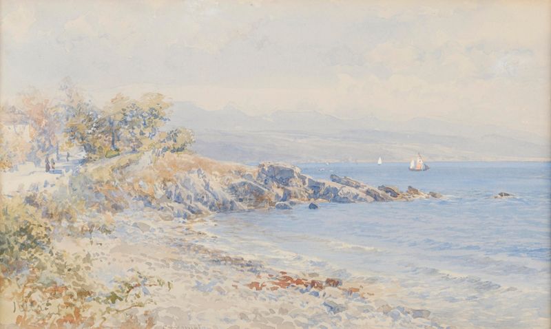 Pintura de paisaje al óleo de Edward Theodore Compton con una figura solitaria en un precipicio.