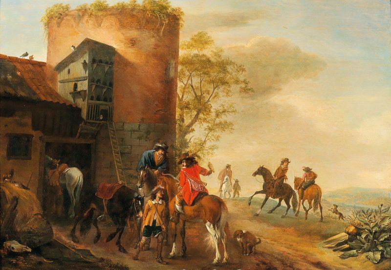 The Departure for the Hunt by Dirk Stoop, oil painting depicting elegantly dressed figures in a forest