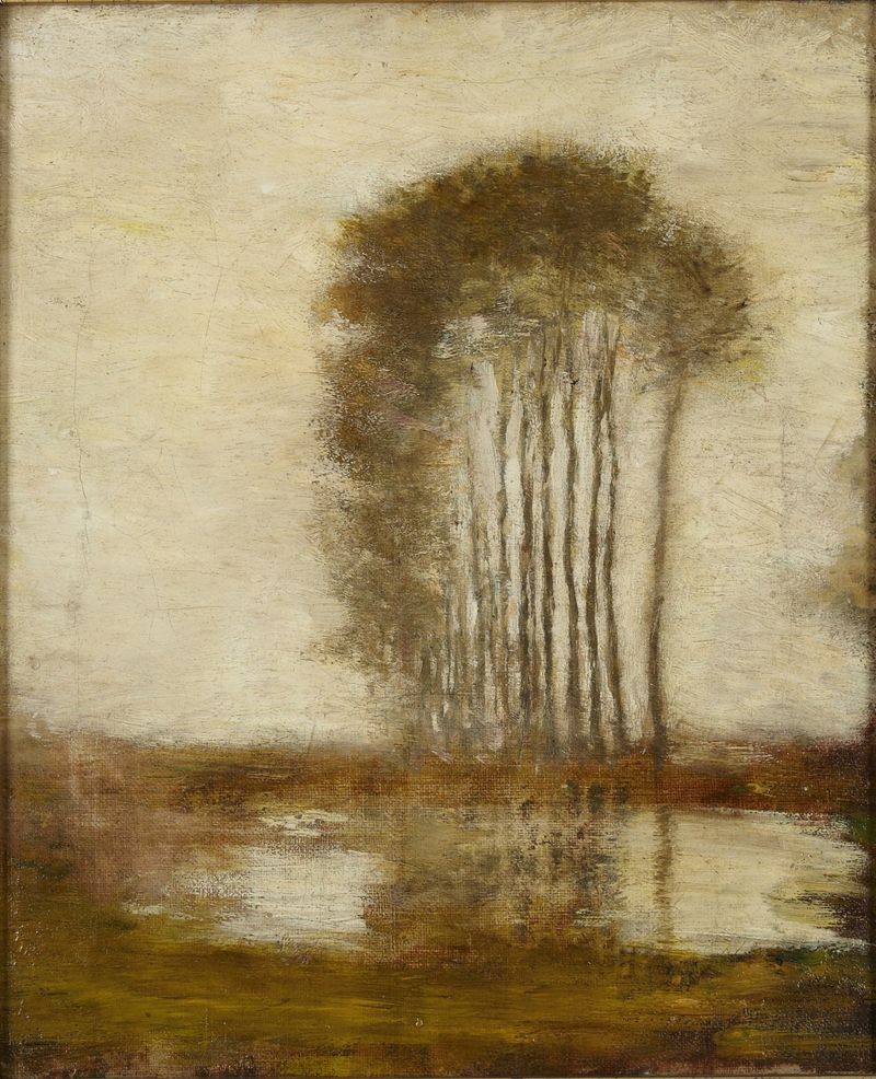 Landscape with Poplars, óleo sobre tela de Homer Dodge Martin, com verdes vibrantes e luz filtrada.