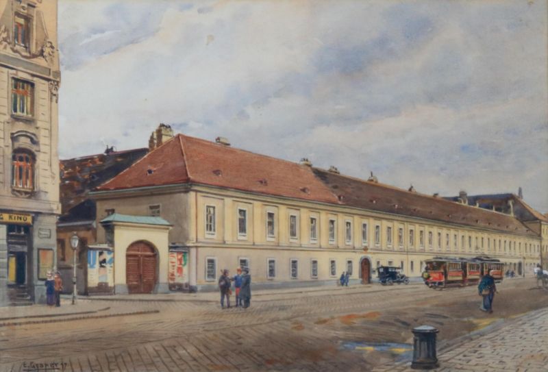 Rennweg Wien de Ernst Graner, óleo sobre tela retratando uma paisagem urbana com ruas e horizonte.