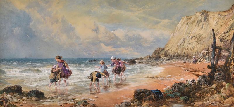 Watercolour by Myles Birket Foster depicting a beach at sunset with figures and gentle waves.