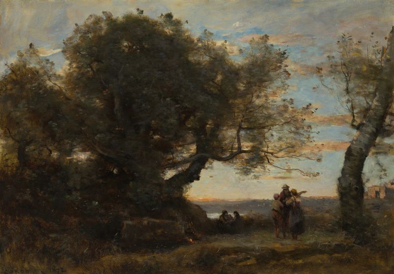 Os ciganos de Jean-Baptiste-Camille Corot, óleo sobre tela retratando um casal sob árvores.