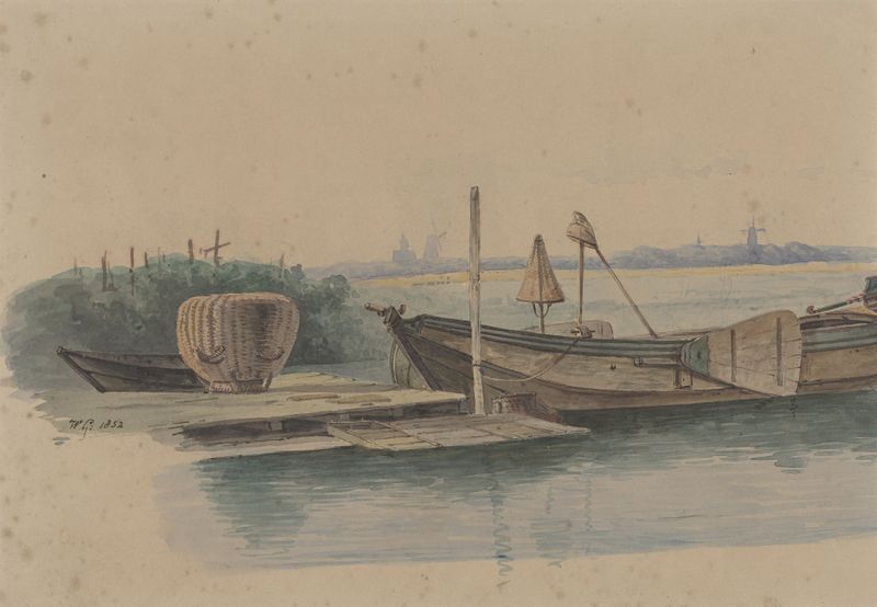 Marine scene with fishing boats on water by Willem Gruyter jr
