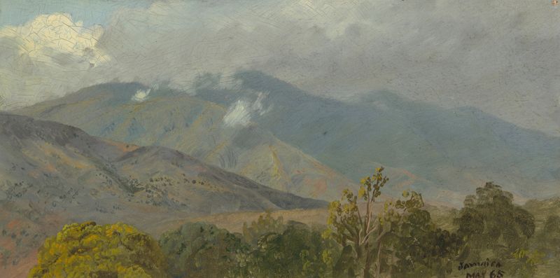 Paisaje montañoso con picos escarpados y cielo azul por Frederic Edwin Church, pintura al óleo