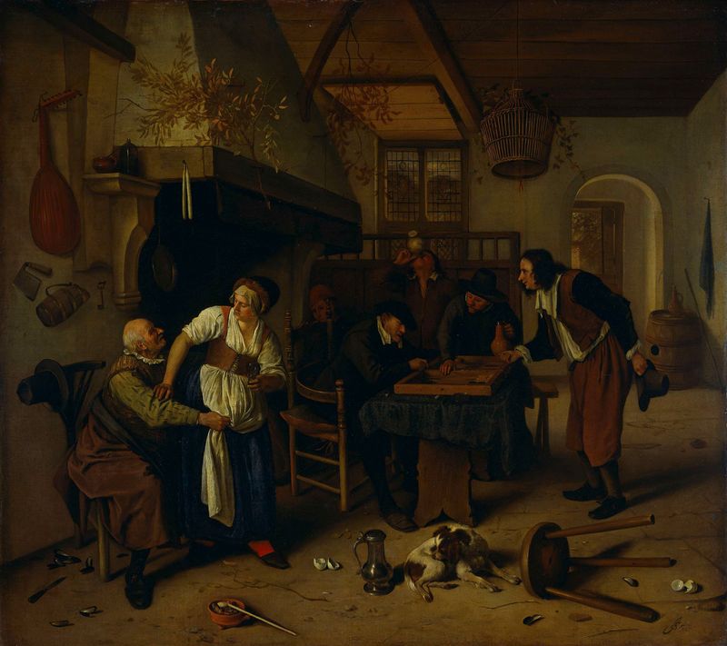 Interior of an inn with an old man, landlady, and two men playing backgammon, oil painting by Jan Havicksz. Steen