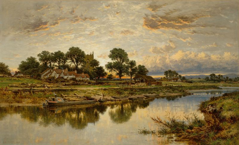 Kempsey Church on the River Severn by Benjamin Williams Leader, oil on canvas depicting a river and church under golden light
